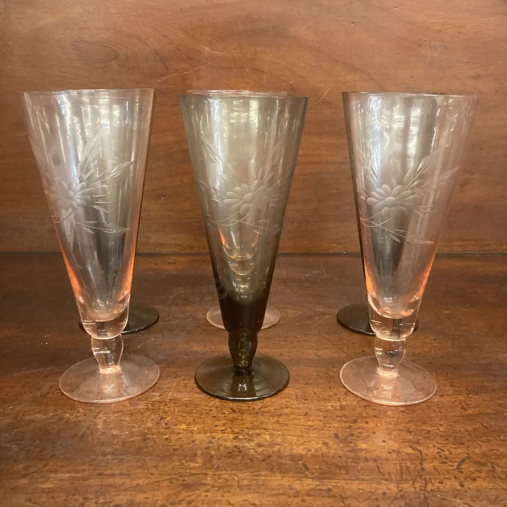 Set of 6 Vintage Etched Fluted Glasses. H18cm (Sold with 24) Image 1++
